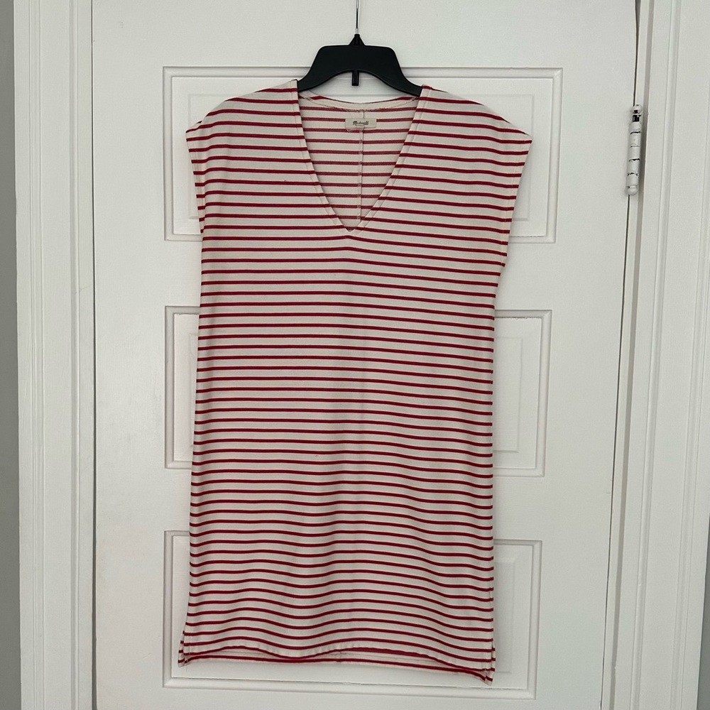 Madewell Red and White Striped V Neck Cotton Dress